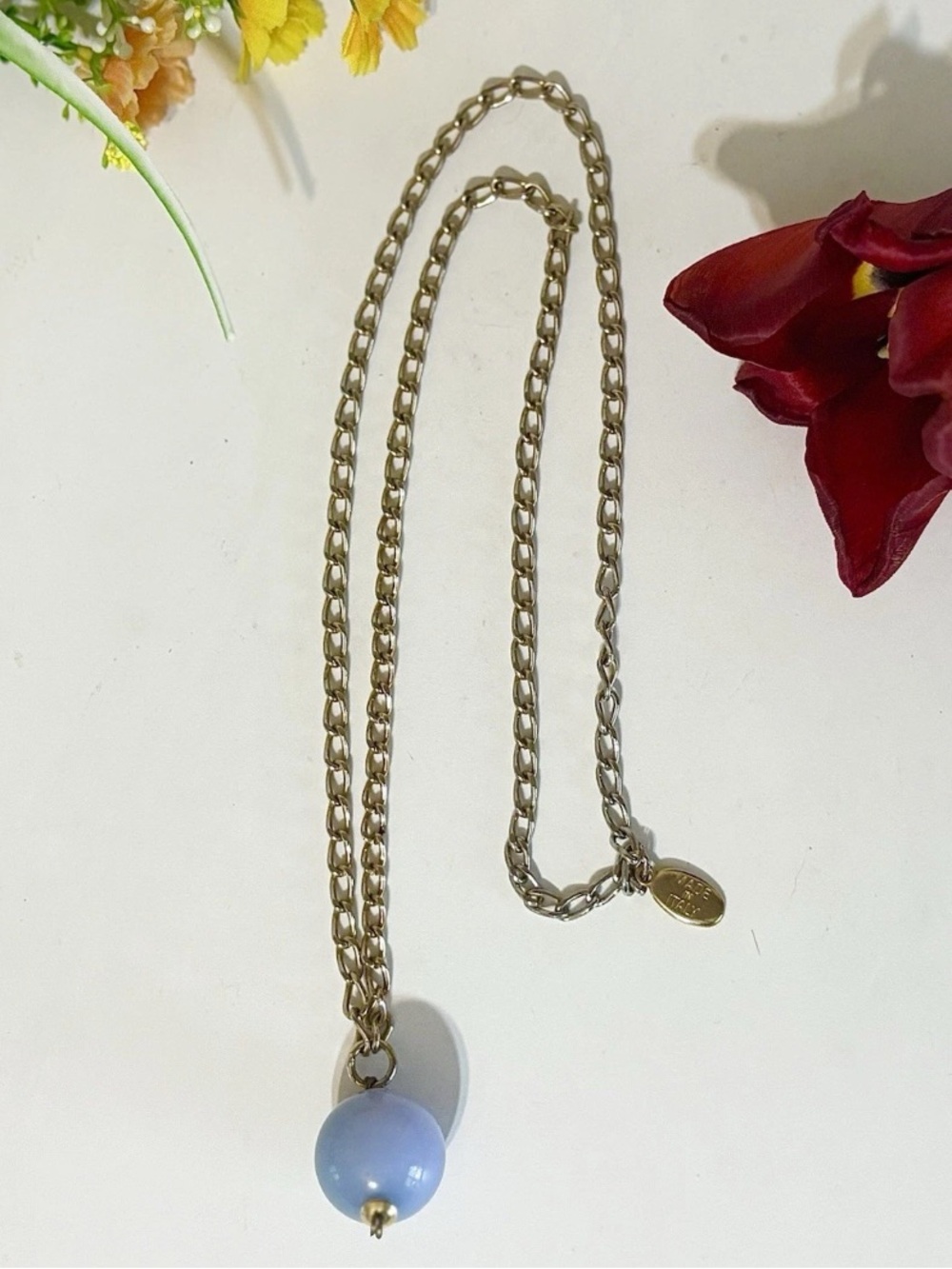 Italian Blue Lace Agate Lucite Crackle Drop Ball Designer Pendant Charm Necklace
